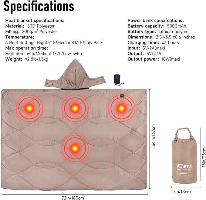 iClimb Heated Camping Blanket with Hood and 5V 5000mAH Battery Pack (Khaki)