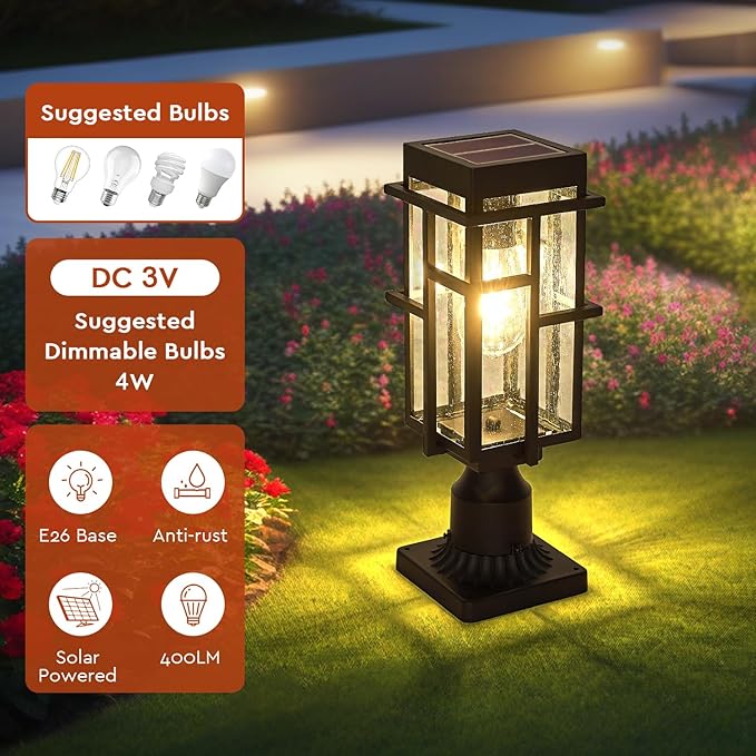 Outdoor Solar Lamp Post Light with Pier Mount Base Dusk to Dawn Aluminum Outside Solar Pillar Lights with Seeded Glass Waterproof Exterior Pole Light for Garden Pathway Patio Black