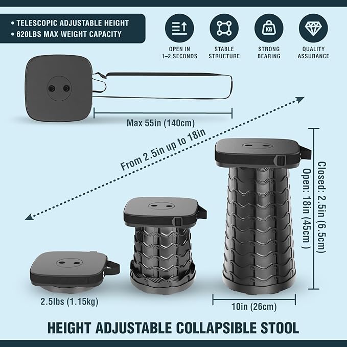 NUMANU 2026 Upgraded Collapsible Stool &amp 3IN1 Cushioned Carry Bag Max 620lbs 18 Height Adjustable Portable Stool Retractable Telescoping Seat Foldable Camping Stool for Adults or Footrest (Squ