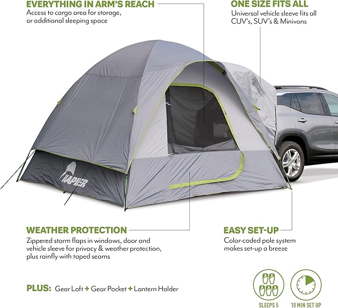Napier Backroadz SUV Tent | 10' x 10' SUV Car Camping Tent | Fits All CUVs SUVs and Minivans | Sleeps 5 | Spacious Durable Easy Set-up | Gray/Green | Model 19100