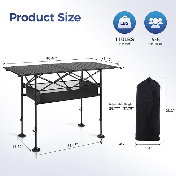 ALPHA CAMP Portable Camping Table Adjustable Aluminum Folding Table for Picnic BBQ Outdoor Black 21.65D x 33.07W x 26.77H in