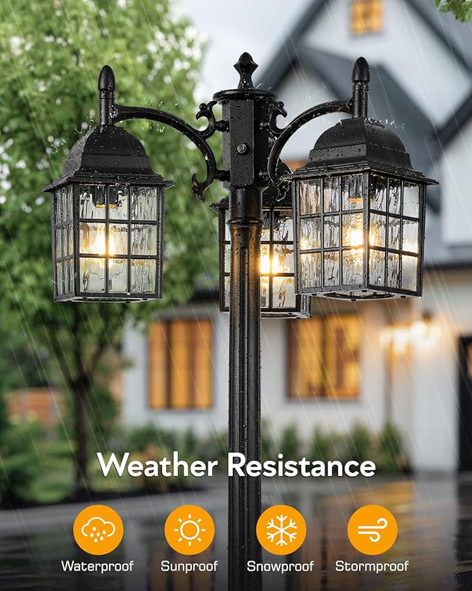 VIANIS Dusk to Dawn 3-Head Lamp Posts Outdoor Lighting Modern Black Outdoor Post Lights Hard Wired Anti-Rust Waterproof Outside Lamppost Light Fixture for Garden Backyard with Water Ripple Glass