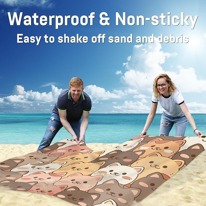 Waterproof Sandproof Beach Blanket 59''×68'' Cute Cats Polyester Outdoor Picnic Blanket with 4 Stakes &amp Storage Bag for BeachCampingVacation Multi-Color
