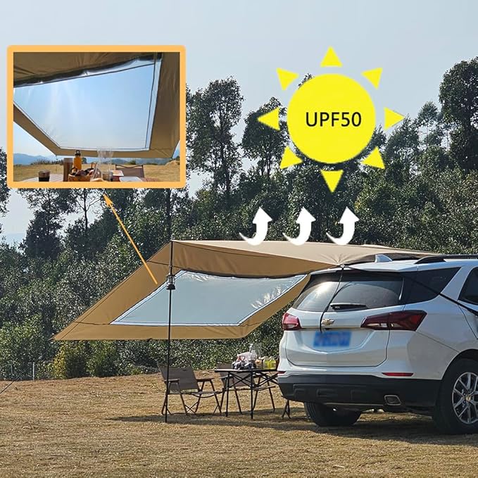 10x16 ft Car Side Awning with Pole Camping Tarp with Screen Window Car Tent for Cars Vans SUV Sun Shelter (Khaki)