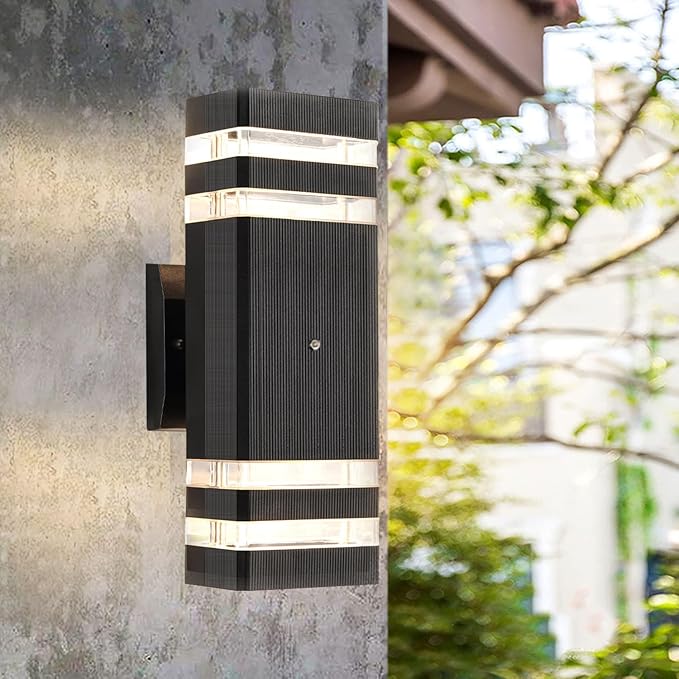 Dusk to Dawn Sensor Outdoor Wall Light Up and Down Porch Wall Light Simple Black Aluminum Exterior Wall Sconces 2-Pack