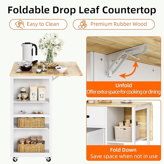 Rolling Kitchen Island Cart with Drop Leaf – 2-Door Cabinet 2 Drawers 3-Tier Spice Rack Towel Holder Bar Table – Ample Storage Utility Cart for Home or Dining Room – Pearl White