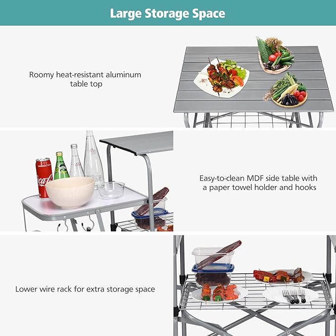Tangkula Folding Grill Table Aluminum Camping Kitchen Table with Cook Station Hooks Portable Camp Cook Table with Storage Organizer Shelves Carrying Bag Ideal for Picnic BBQ Party Outdoor