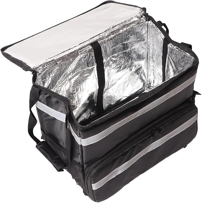 Focket Food Delivery Backpack 50L Expandable Insulated Pizza Cooler Bag Aluminum Foil Lining Reflective Strips with Oxford Fabric for Bike Delivery Eats Catering