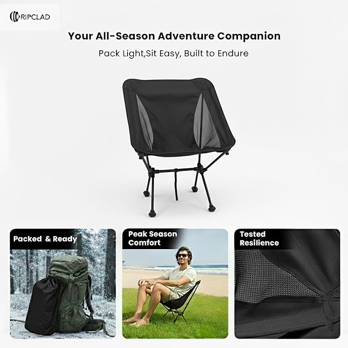 Ultralight Camping Chair Folding Backpack Chair with Aluminum Frame Side Pocket &amp Anti-Sinking Feet Supports 330 lbs Camp Chair for Outside Hiking Beach and Travel (Black)