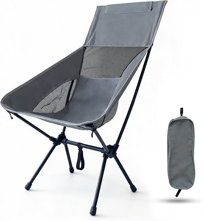 IEJ Ultralight High-Back Camping Chair - Portable Folding Backpacking Chair with Anti-sag Footmuffs Supports up to 300 lbs Compact and Durable for Outdoor Activities - Grey