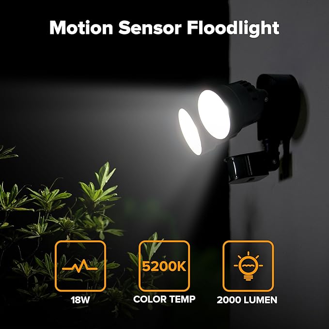 LUTEC Shrimp P6221B-PIR24 2000 Lumen 18 Watt 26 LED Motion Activated Integrated Dual-Head Floodlight Outdoor IP54 Waterproof Exterior Security Wall Light for Patio Garden Yard-Black