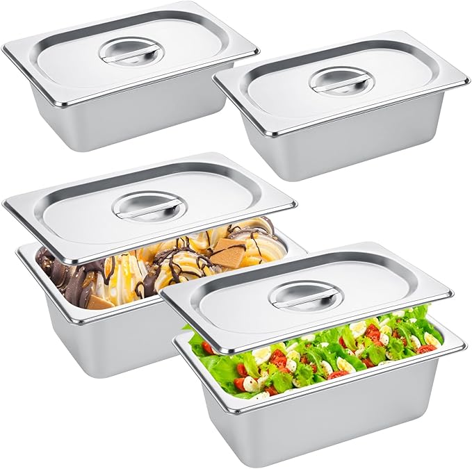 LANIAKEA 4PCS Hotel Pans with Lids Stainless Steel Steam Table Pan Restaurant Supplies 1/4 Size x4 inch Deep Stainless Steam Table Pans Hotel Pan Trays for Food