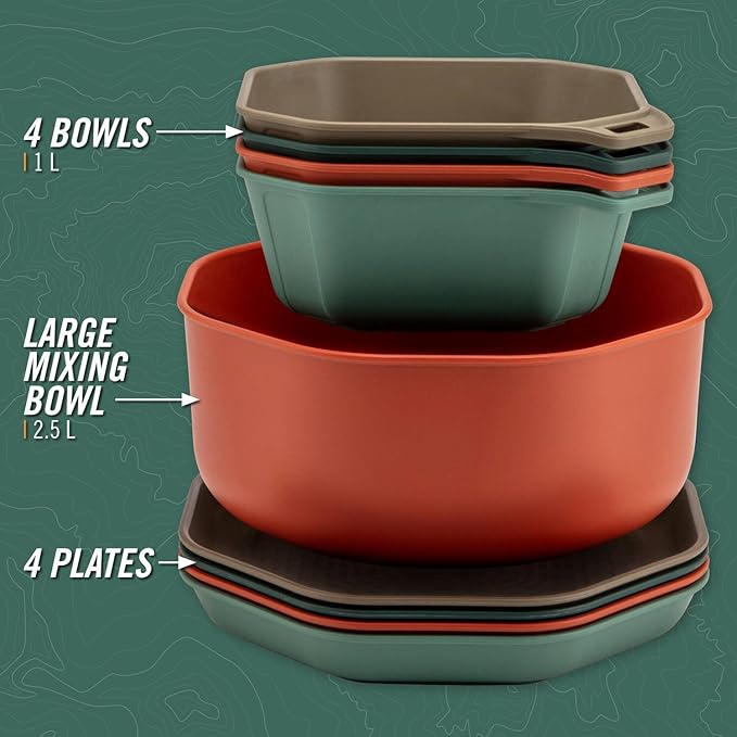 Gerber Gear ComplEAT Tableware Set - Polypropylene Camping Cookware - Portable Outdoor Tableware - 4 Plates 4 Bowls &amp 1 Mixing Bowl