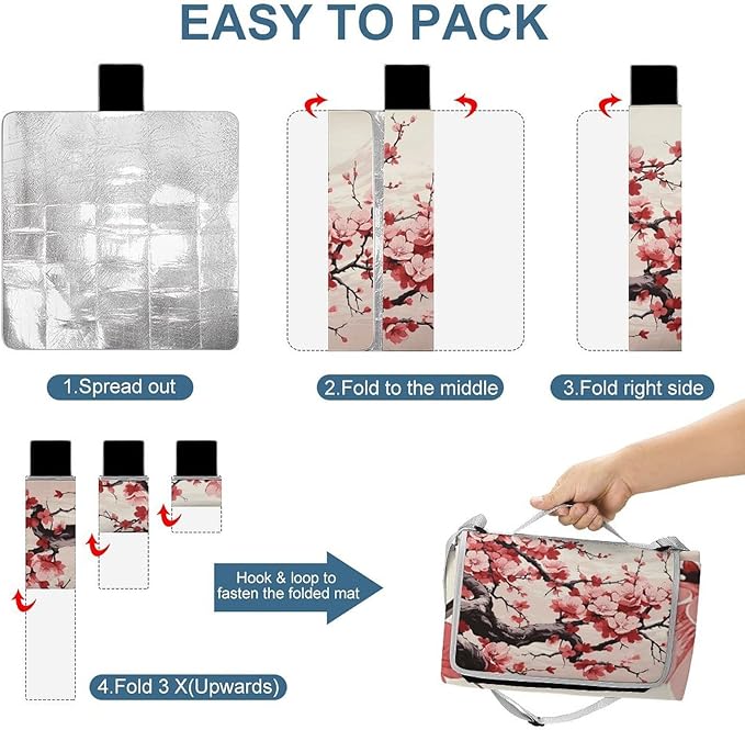 Japanese Floral Cherry Blossom Beach BlanketPortable Waterproof Picnic Blanket58.3''x 58.3'' Extra Large Picnic Mat for BeachCamping Grass Lawn Park Accessorie for Festival BBQ