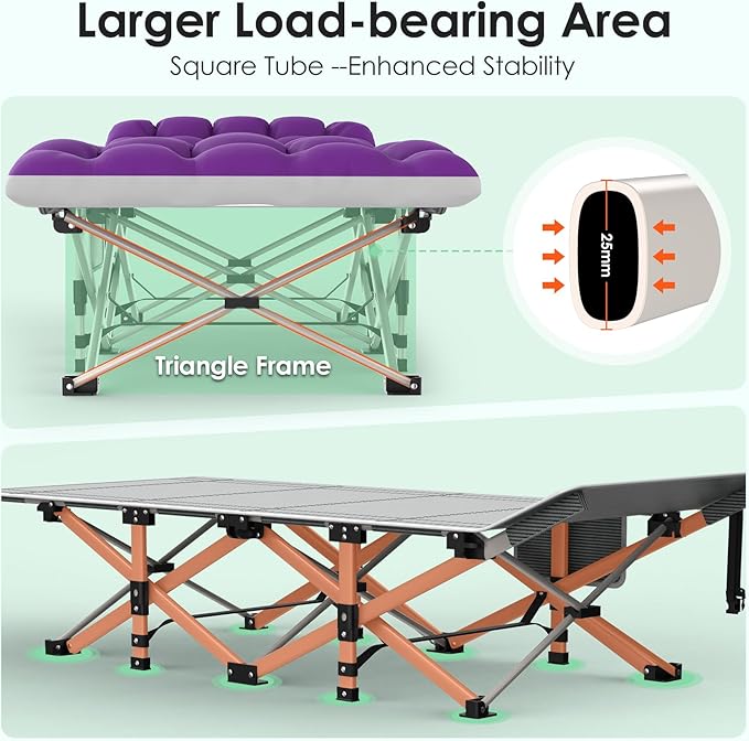 Suteck Camping Cot Folding Camping Cot Bed for Adults Sleeping 1200D Double Layer Oxford Portable Folding Outdoor Cots for Camping W/Soft Pad Carry Bag for Home Office Nap Beach Travel 500LBSPurple