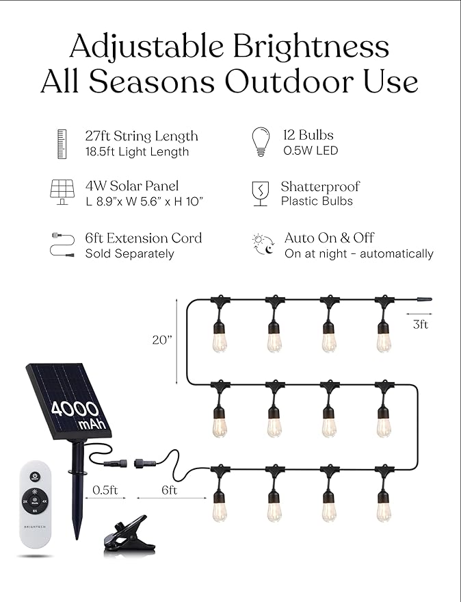 Brightech Ambience Pro Super Bright Solar - 27Ft Remote Control Outdoor String Lights Shatterproof S14 Edison Bulbs Commercial Grade LED Waterproof Patio Lights for Deck 4W Soft White 12 Bulbs