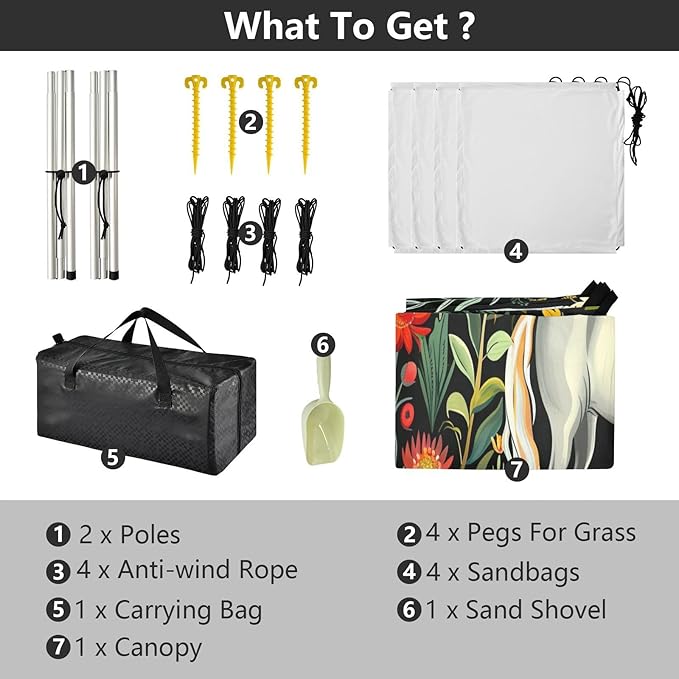 Horses in Flower Beach Tent Sun Shelter 9.2' x 10.5' Beach Canopy with 4 Sandbags 4 Stability Poles Sand Shovels - Tent Canopy for Beach Camping Fishing Picnics
