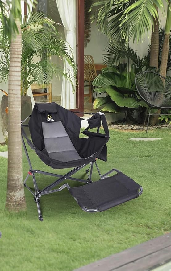 Nice C Hammock Camping Chair Camping Chair Rocker Swinging Chair High Back with Stand Cup Holder Side Pocket Heavy Duty (2 Black w/footrest)
