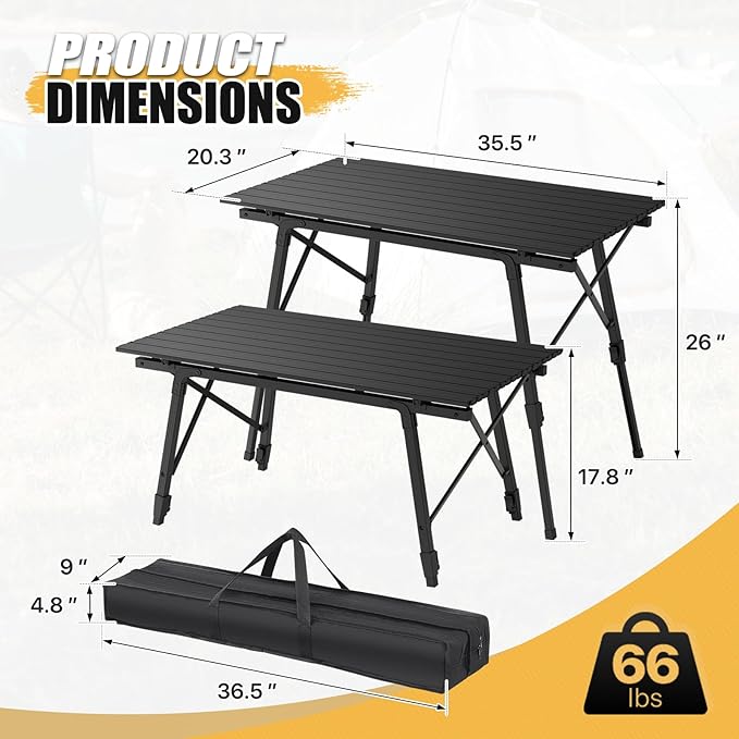 MADOG Portable Aluminum Camping Table 35'' Lightweight Outdoor Folding Table Roll Up Desk with Carry Bag for Travel Picnic and Camp Black