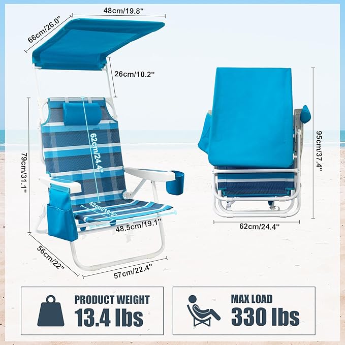 2 Pack Beach Chair with Canopy Shade 5 Positions Textilene Folding Reclining Beach Chair with Backpack Straps Cooler Bag &amp Cup Holder for Outdoor Lawn Camping