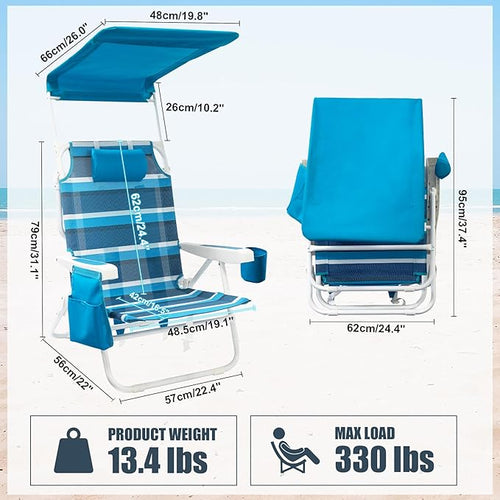 2 Pack Beach Chair with Canopy Shade 5 Positions Textilene Folding Reclining Beach Chair with Backpack Straps Cooler Bag &amp Cup Holder for Outdoor Lawn Camping