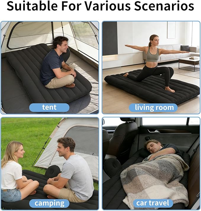 Car Air Mattress Inflatable SUV Truck Camping Mattress for Back Seat Thickened Travel Car Bed Sleeping Pad with Inflatable Pier Air Pump 2 Pillows (Black)