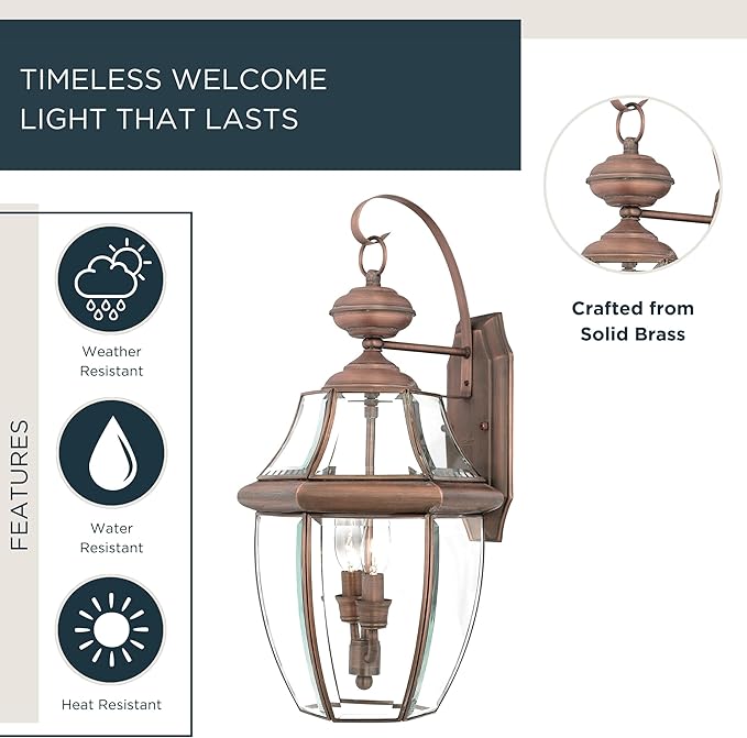 Quoizel Newbury 20 Outdoor Wall Lantern 2-Light Aged Copper with Clear Beveled Glass E12 Base French Country Style