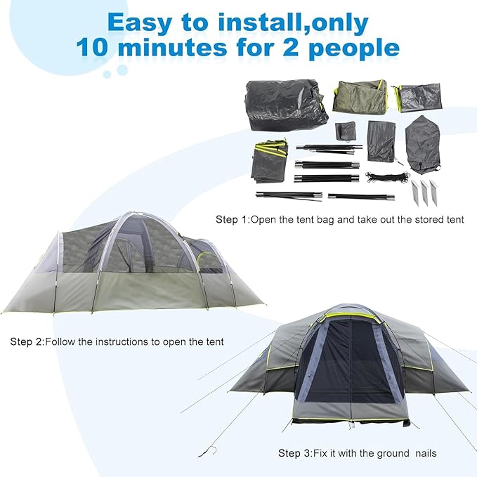 Generic 10 Person Large Tent 3 Rooms Large Camping Tent for Family Weatherproof Instant Cabin Shelter with Rainfly &amp Carry Bag for Backpacking Hiking Car Traveling Gray