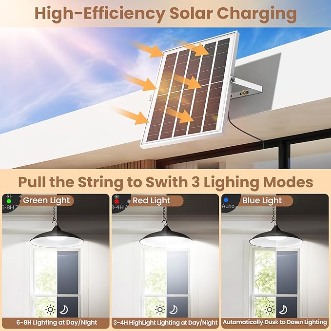 Solar Shed Light Indoor Outdoor Dual Lamp 2000LM Daytime Available Pendant Light with Pull String Dusk to Dawn 3 Lighting Modes Solar Lights Indoor Waterproof for Barn Gazebo Shop Garage