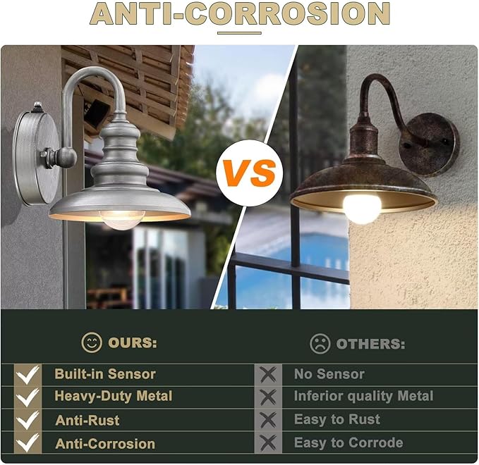 LONEDRUID Dusk to Dawn Sensor Outdoor Gooseneck Barn Light Fixtures Silver Exterior Wall Sconce Lighting Waterproof Outside Porch Lantern Rustic Farmhouse Wall Mount Lamp for House Garage Patio