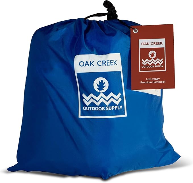 Oak Creek Lost Valley Camping Hammock. Bundle Includes Mosquito Net Rain Fly Tree Straps Compression Sack. Weighs Four Pounds Perfect for Camping. Lightweight Nylon Single Hammock. Blue and Gray
