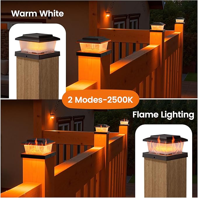APONUO Solar Post Cap Lights with Flickering Flame &amp Warm White 8-Pack for 4x4 Wood/Vinyl Posts Solar Powered Deck &amp Fence Lights Auto On/Off IP65 Waterproof Matte Black