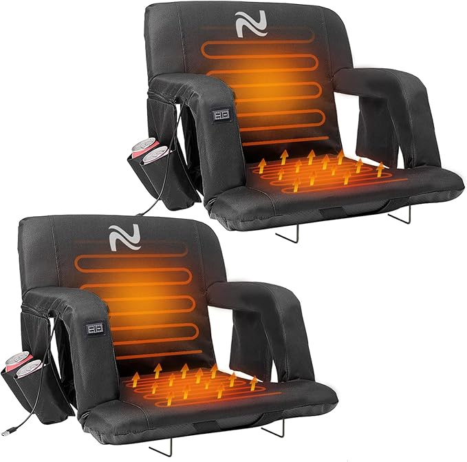 NAIZEA Heated Stadium Seats Bleacher Seat with Back Support &amp Arm Armrest Portable 6 Reclinng Positions Stadium Chair for Sports Events Outdoors（Power Bank is Not Included