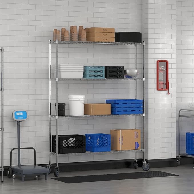 Commercial NSF Listed Chrome Mobile Wire Shelving Kit 12 x 60 x 80 with 4 Shelves Perfect for Warehouse Walk-in Refrigerator Freezer Grocery Store Restaurant Dishroom