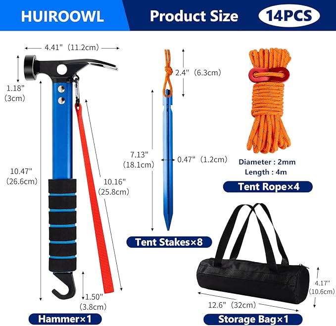 14 Pcs Camping Kit Aluminum Tent Stakes(8Pcs) with Reflective Camping Rope(4Pcs) Camping Hammer(1Pcs) Storage Bag(1Pcs) Suitable for Tent Camping Hiking and Outdoor Adventures