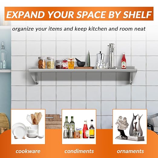 Commercial Stainless Steel Shelf 12 x 48” Wall Mounted Food Service Storage Rack Shelves Heavy Duty 300 lb Metal Shelf for Kitchen Restaurant Food Truck Garage Laundry Room