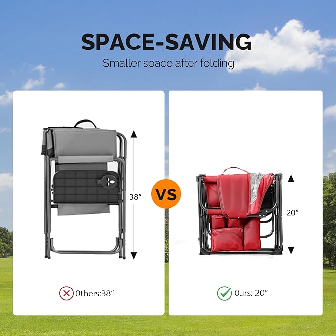 Folding Camping Directors Chair Portable Foldable Outdoor Chair with Built-in Cup Holder Side Table Storage Pocket for Beach Tailgating Fishing Trip Picnic Concert Red