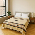 Handmade Mexican Yoga Blanket – Thick Tan Serape with Black Brown &amp White Stripes and Center Diamond Pattern – Soft Durable Machine Washable