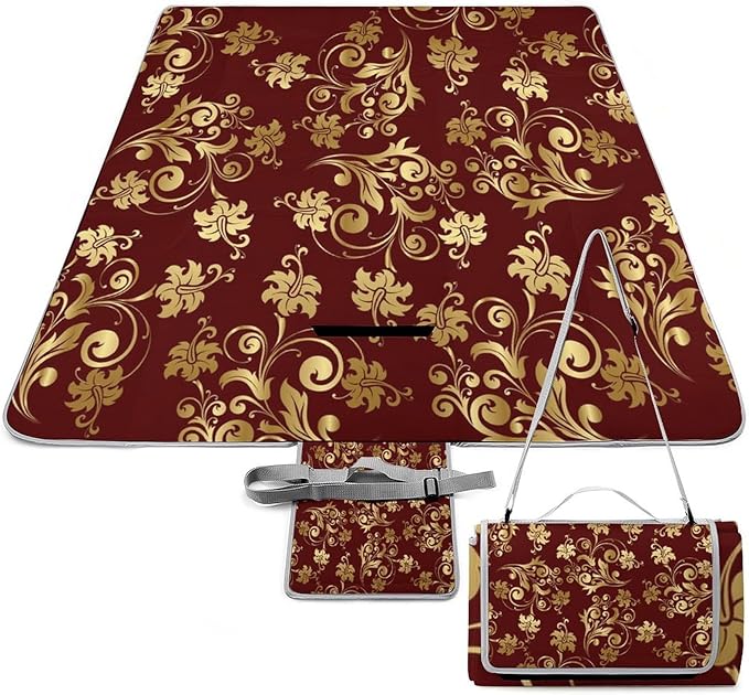 Flower Maroon Gold Floral Classy Burgundy Antique Waterproof Outdoor Picnic Blanket Sandproof Beach Mat for Camping Hiking Grass Travelling
