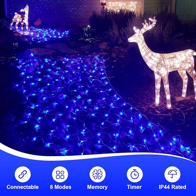 QITONG Net Lights Outdoor Mesh Lights 12ft x 5ft 360 LED Blue Christmas Light with 8 Modes Connectable Clear Wire Bush Light Plug in
