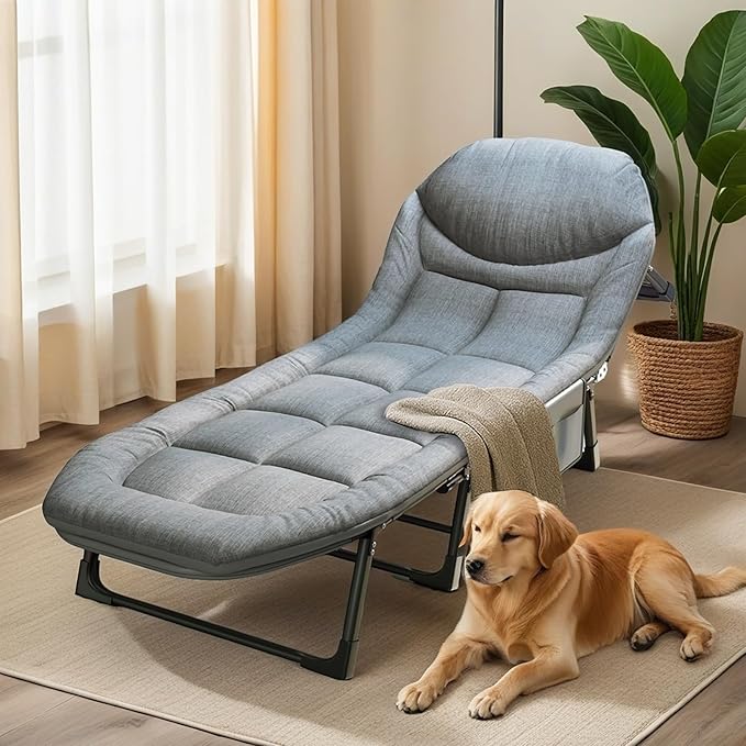 Chaise Lounge Chair Folding Cot 6-Angle Adjustable Camping Cot with Mattress for Patio and Beach Foldable Bed Portable Heavy Duty Lay Flat Reclining with Pillow (Grey XL - 80)