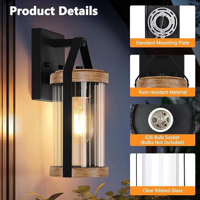 2-Pack Outdoor Light Fixtures Waterproof Modern Exterior Wall Lantern Porch Lights Black Wall Sconce with Clear Ribbed Glass Outside Light with Wood Texture for House Bulbs Not Included