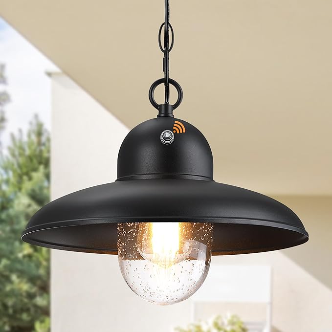 Dusk to Dawn Outdoor Pendant Lights for Porch 12 Outdoor Farmhouse Hanging Light Fixture with Adjustable Chain and Bubble Glass Black Rustic Exterior Pendant Light for Front Door Gazebo