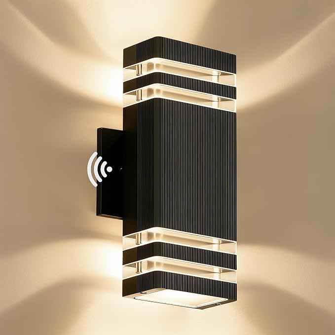 Dusk to Dawn Outdoor LightingSquare Aluminum Up and Down Exterior Lighting Fixtures Wall Mount with 2 * 7W LED Bulbs 3000K Waterproof Outdoor Wall Lights for House Porch Patio Garage Black
