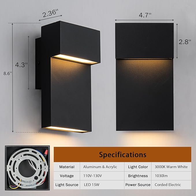 2 Pack Outdoor Wall Lights Modern LED Exterior Lighting Fixtures 3000K 15W Outdoor Wall Sconce for Porch Matte Black Outside Wall Mount Lights for Front Door House Garage Indoor.