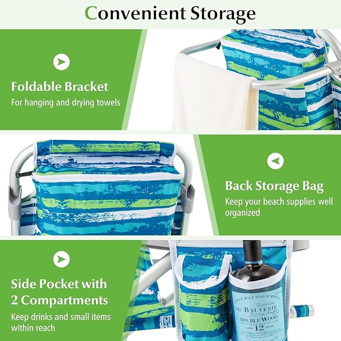 COSTWAY Backpack Beach Chair Foldable Camping Chair with 5 Adjustable Position Cup Holder Storage Pockets Straps Towel Rack Pillow for Patio Outdoor (Blue and Green Stripe1)