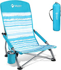 VILLEY Low Beach Chair High Back Folding Chair for Adults Lightweight and Portable for Outdoor Camping Lawn Music Festival with Cup Holder and Carry Bag - Blue Stripes