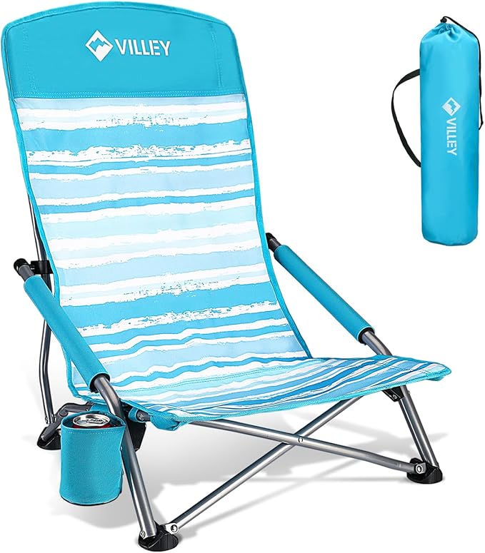VILLEY Low Beach Chair High Back Folding Chair for Adults Lightweight and Portable for Outdoor Camping Lawn Music Festival with Cup Holder and Carry Bag - Blue Stripes
