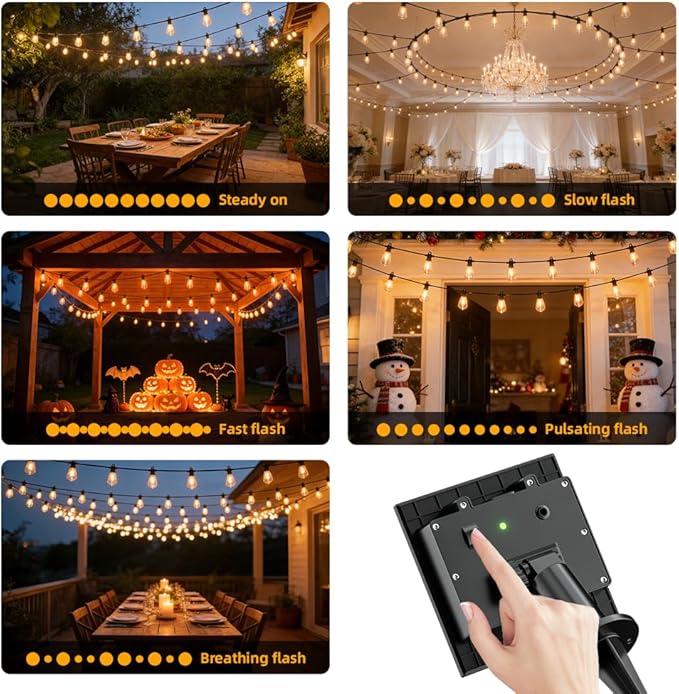 50FT Solar String Lights Outdoor Waterproof IP65 with USB-Charging  Solar Powered LED Patio Lights with 25+2 Shatterproof ST38 Edison Bulbs Hanging Lights for Outside Backyard Garden Bistro Gazebo