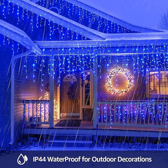 320LED Solar Christmas Lights Outdoor Waterproof Christmas Decorations Curtain Lights 29.5ft 60 Drops8 Modes Solar Powered Rechargeable Fairy Lights for Party HolidayWedding Decorations (Blue)